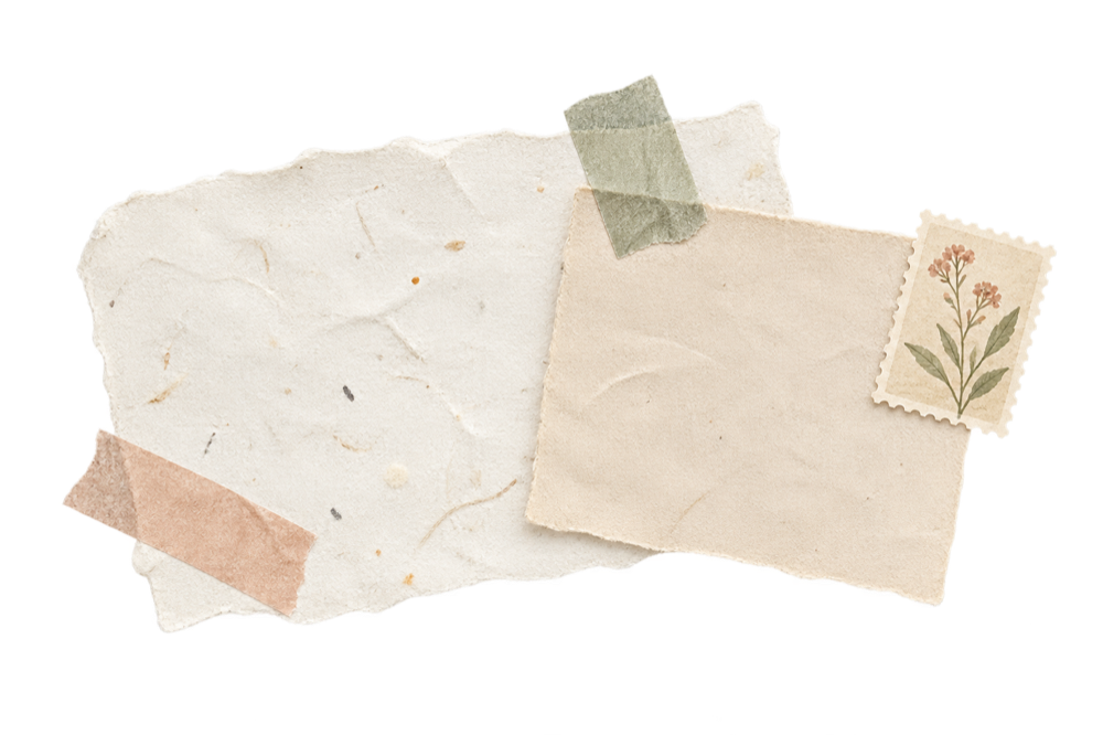 Light handmade paper scraps, washi, and a botanical stamp